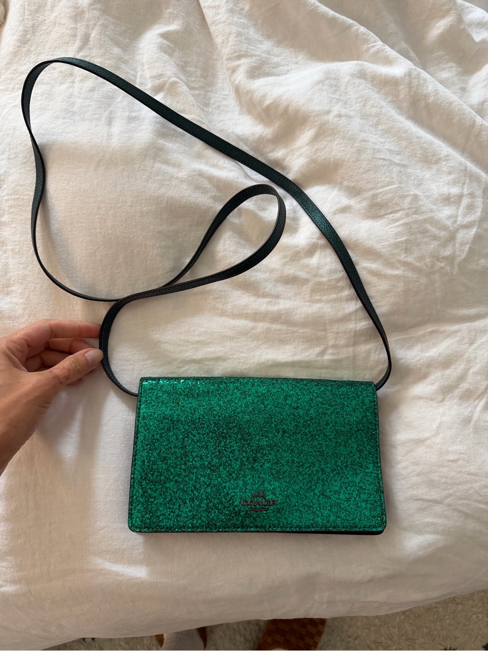 Coach Emerald Green Glitter Crossbody Bag with Black Strap
